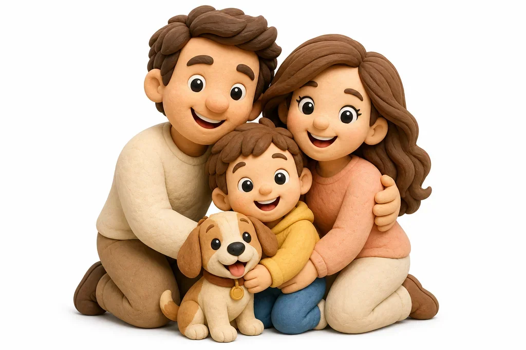 Ilustración de una familia abrazando a su cachorro