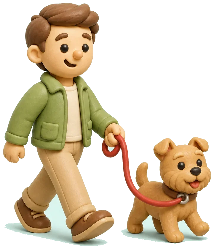 Ilustración de una persona paseando a su perro con correa